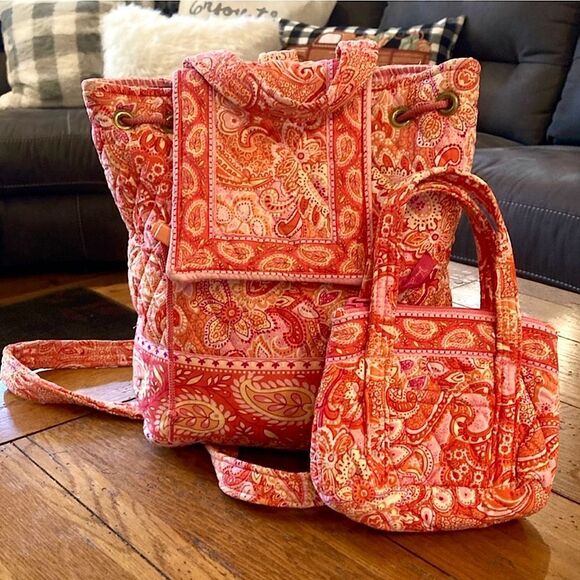 Vera Bradley Vintage Retired Quilted Backpack matching Mini Bag EUC - Picture 1 of 5
